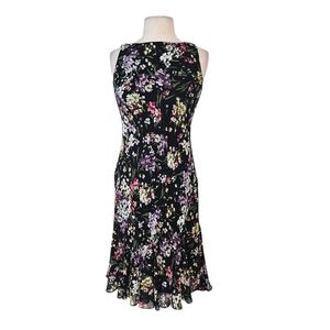Ralph Lauren Chaps Black Floral Print Ruffle Hem Dress